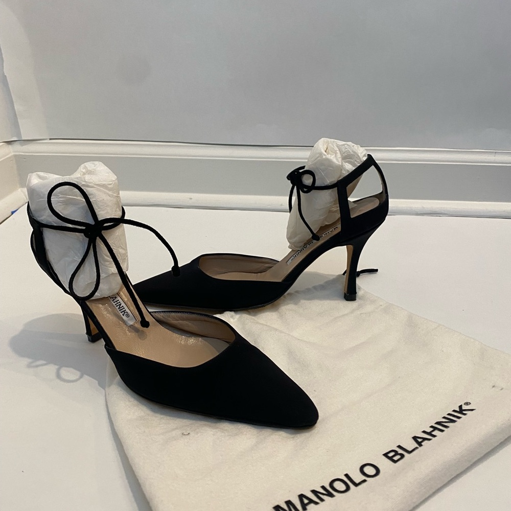Manolo Blahnik Black Satin Pointed Toe with Tied Ankle Shoe